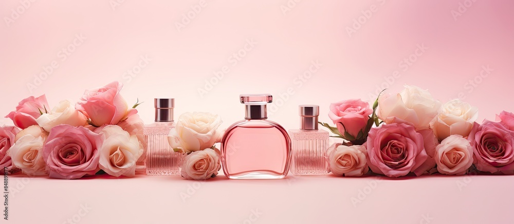 Perfume bottles alongside lovely roses on a pink background with copy space image Perfume bottles alongside lovely roses on a pink background with copy space image