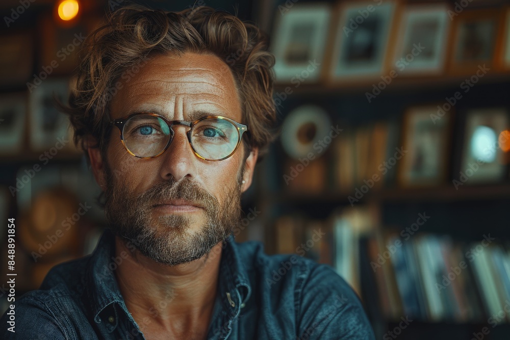 A bearded man in a trendy coffee shop setting emits a relaxed and hip vibe A bearded man in a trendy coffee shop setting emits a relaxed and hip vibe