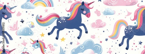 Whimsical unicorn and rainbow pattern for kids.