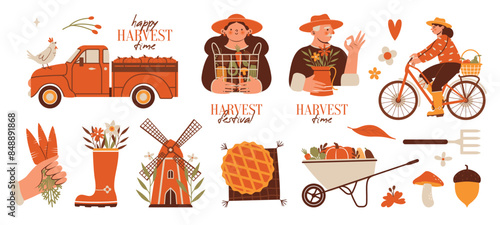 Happy Harvest Time. Collection of vector badges with persons, old man, woman with crop, basket full of vegetables, pumpkin, wheelbarrow, hands. Girl rides on bicycle. Illustrations with lettering.