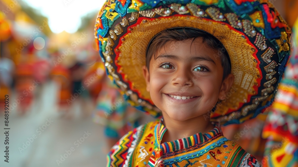 Vivid photo of a Mexican little boy in traditional attire, wearing a colorful sombrero Vivid photo of a Mexican little boy in traditional attire, wearing a colorful sombrero
