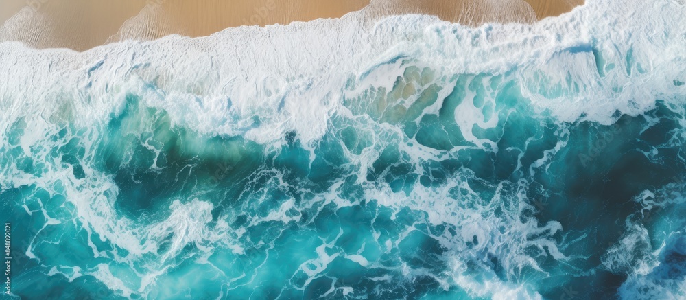 Aerial view of a coastal scene with vivid ocean colors captured by a drone featuring powerful waves with a spacious backdrop perfect for a copy space image Aerial view of a coastal scene with vivid ocean colors captured by a drone featuring powerful waves with a spacious backdrop perfect for a copy space image