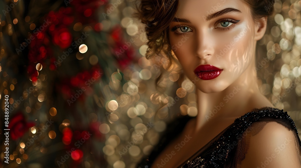 Glamorous Model in Chic Evening Gown with Elegant Accessories and Luxurious Backdrop Glamorous Model in Chic Evening Gown with Elegant Accessories and Luxurious Backdrop