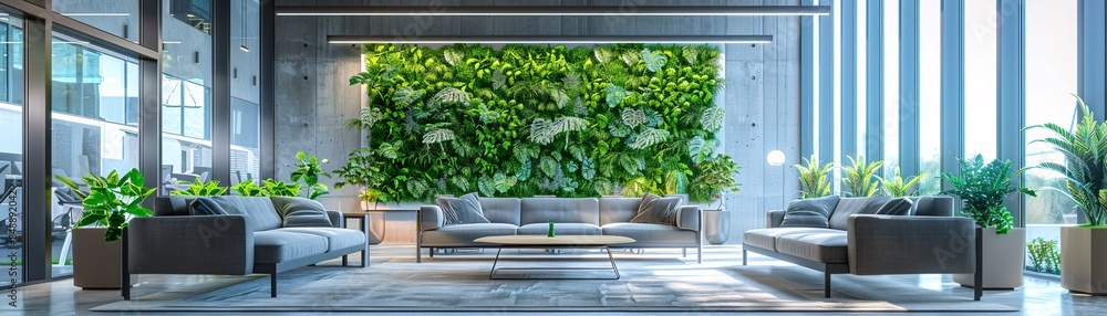Fototapeta premium A modern, eco-friendly office environment promoting employee health, featuring a lush living green wall, natural light, and ergonomic furniture designed for comfort and productivity, in the style of