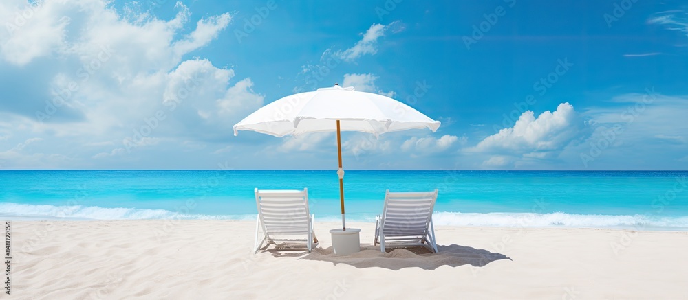 Obraz premium Stunning beach banner showcasing a picturesque beach landscape with white sand beach chairs and an umbrella ideal for travel and tourism with ample copy space image