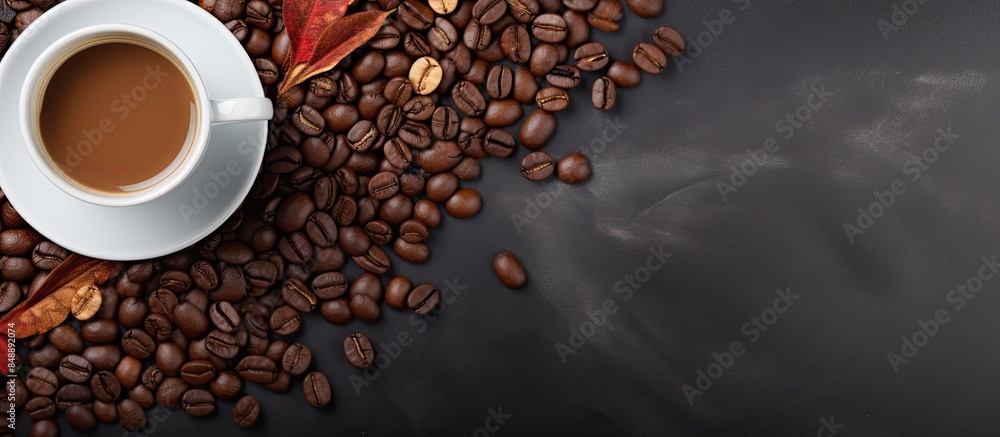 Image of a top view horizontal banner featuring a cup of coffee and coffee beans on a dark stone background with ample copy space Image of a top view horizontal banner featuring a cup of coffee and coffee beans on a dark stone background with ample copy space