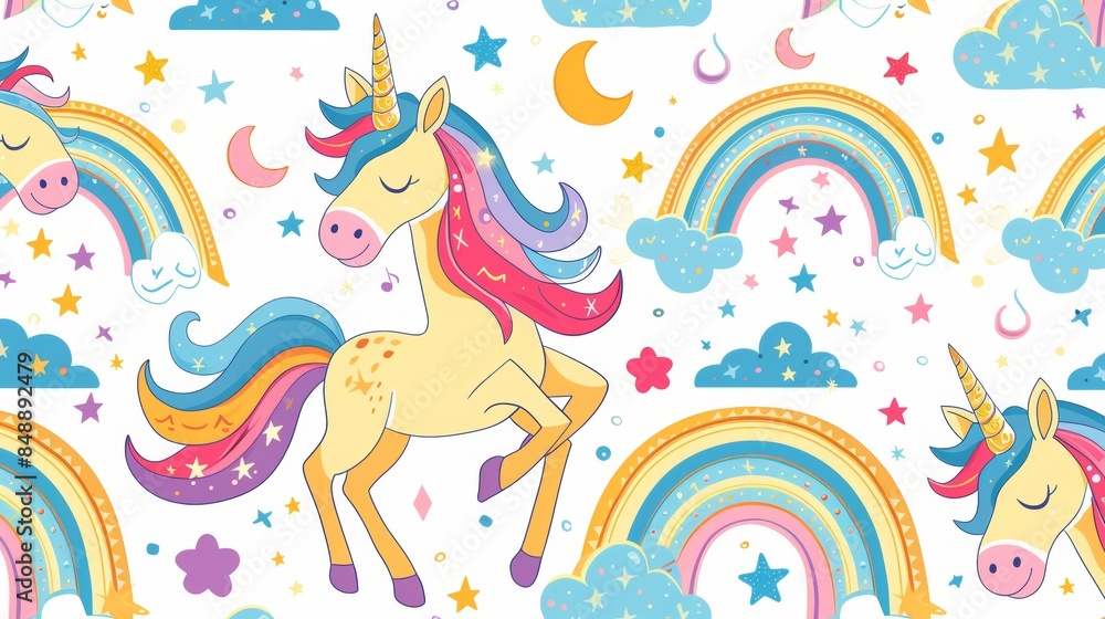Fototapeta premium Whimsical unicorn and rainbow pattern for kids.