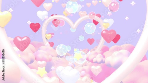 Looped cute flying through heart tunnel in the sky animation.