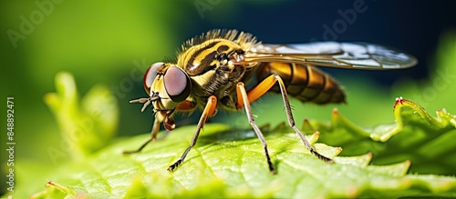 Robber fly on a plant leaf in a scene that promotes insect and wildlife conservation along with habitat preservation ideal for a backyard flower garden copy space image photo