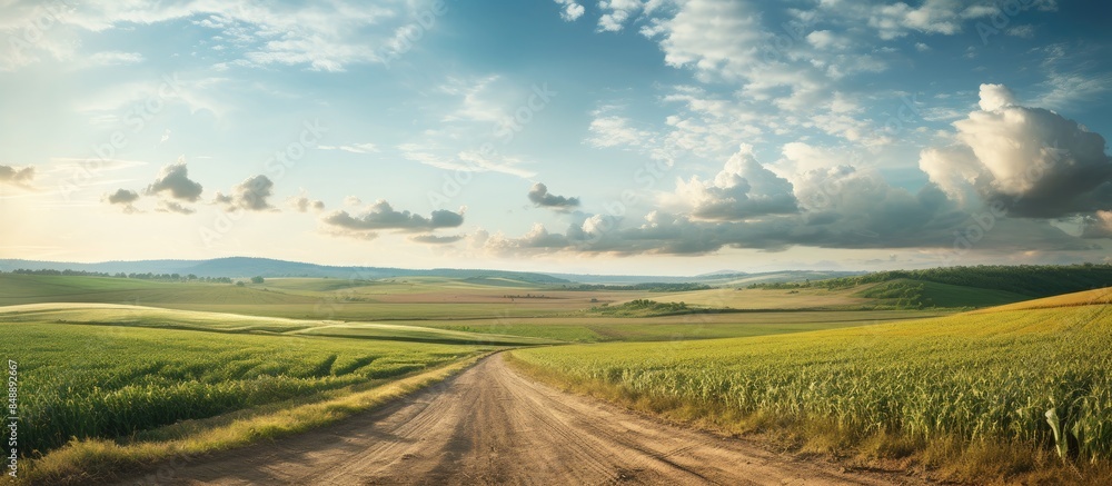 Obraz premium Rural scene with a gravel road running through a vast farm field perfect for including a copy space image