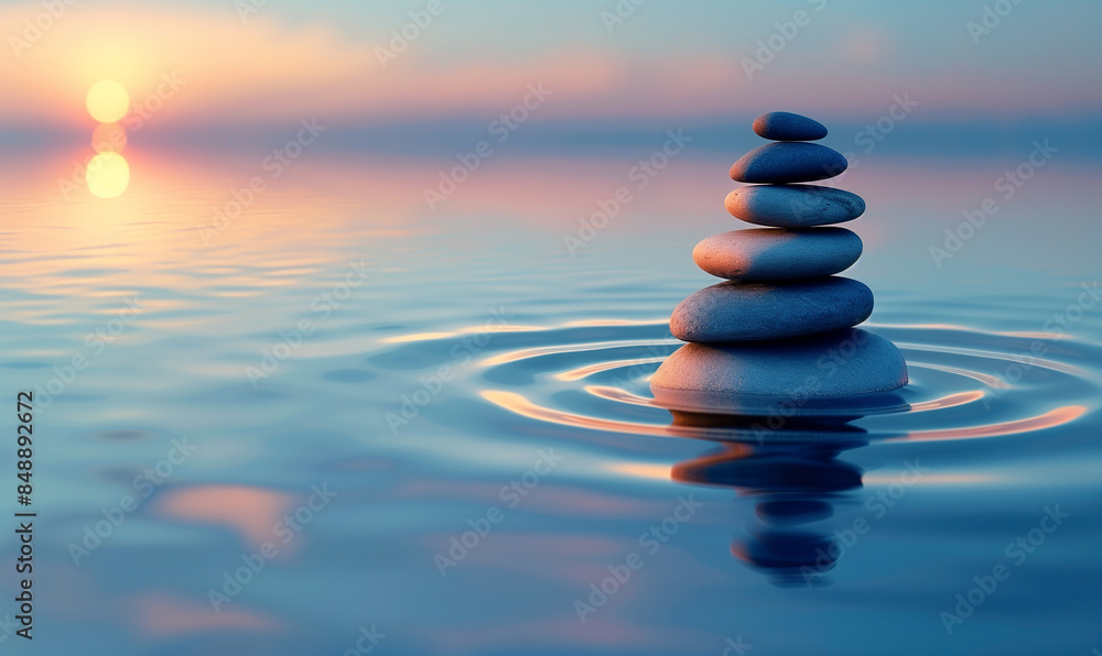 A stack of stones balanced on top of each other in the center, surrounded by calm water A stack of stones balanced on top of each other in the center, surrounded by calm water