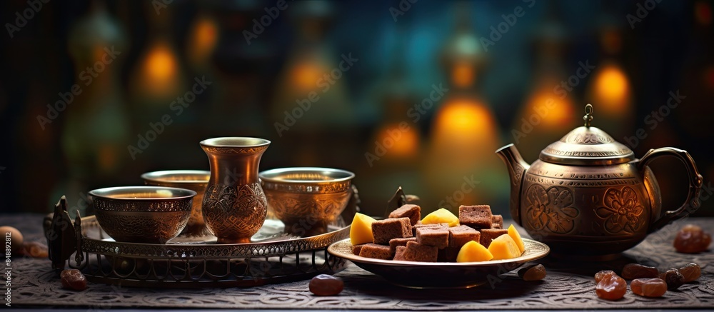 Arabic coffee arranged with Ramadan themed decorations set against a backdrop with copy space image Arabic coffee arranged with Ramadan themed decorations set against a backdrop with copy space image