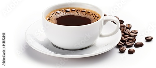 Isolated white cup filled with black coffee on a white background with clipping path for copy space image