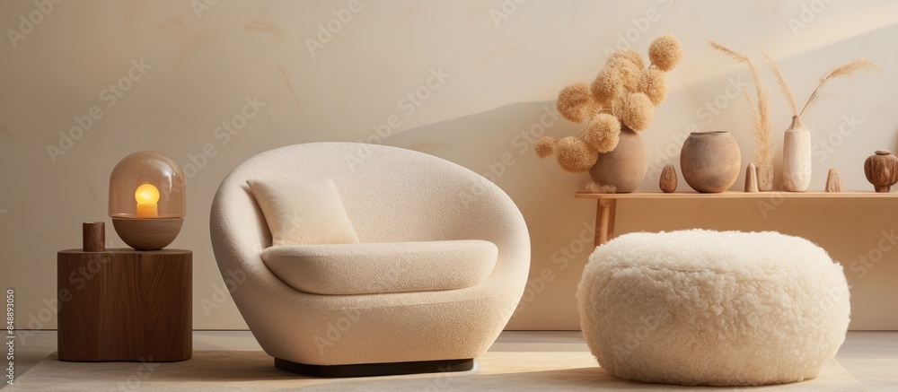 Innovative styling of a sophisticated space featuring a boucle armchair contemporary pouf chic coffee table lamp vase with dried blooms and stylish decor items Home interior with copy space image Innovative styling of a sophisticated space featuring a boucle armchair contemporary pouf chic coffee table lamp vase with dried blooms and stylish decor items Home interior with copy space image
