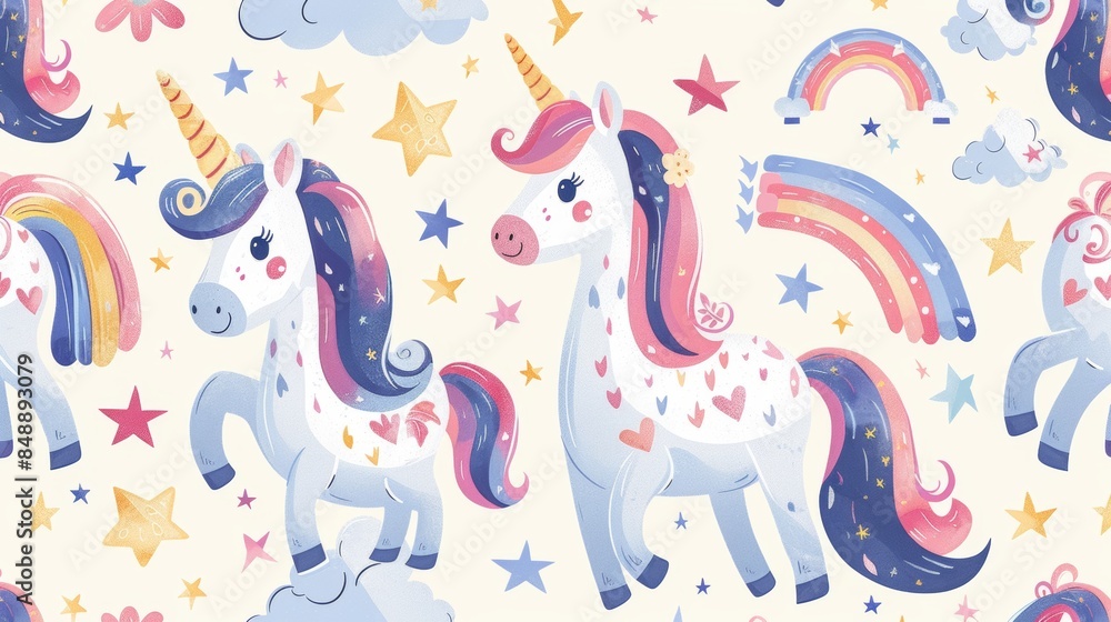 Whimsical unicorn and rainbow pattern for kids. Whimsical unicorn and rainbow pattern for kids.