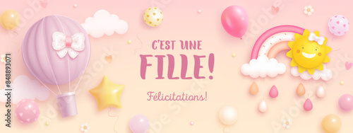 Baby shower horizontal banner with cartoon rainbow, sun and hot air balloon on pink background. French lettering. Translation from French It's a girl. Vector illustration