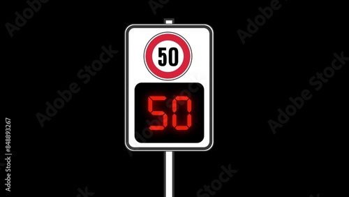 50 km speed limit, animation of road sign from green to reed, transparent background channel in flat design style