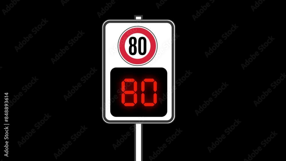 80 km speed limit, animation of road sign from green to reed ...