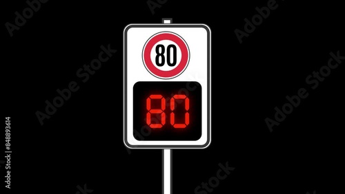 80 km speed limit, animation of road sign from green to reed, transparent background channel in flat design style