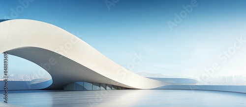 Cement curved architecture details on a modern and futuristic building against an abstract space background with copy space image
