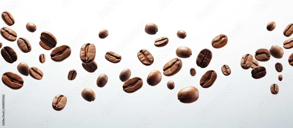 Obraz premium Coffee beans appear suspended in mid air in a space like setting White background provides ample space for design