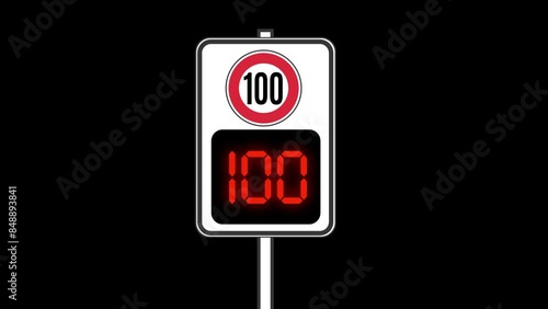 100 km speed limit, animation of road sign from green to reed, transparent background channel in flat design style