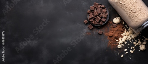 Protein shake powder and bars for workout nutrition displayed on a stone background in a top view mockup with copy space image photo