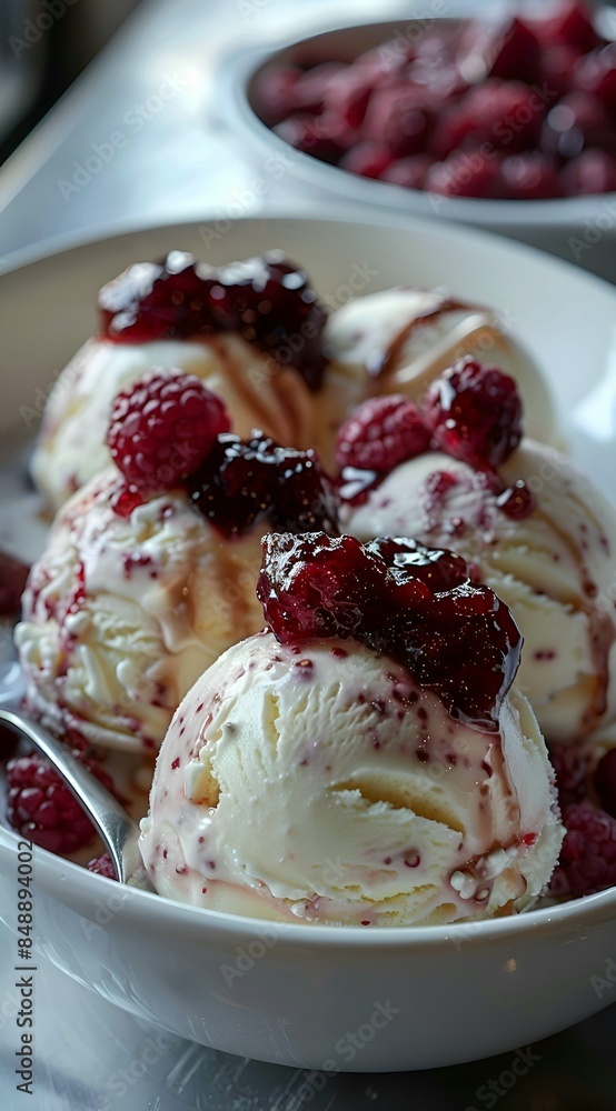 ice cream on a white plate with raspberries and jam, photo from cooking courses ice cream on a white plate with raspberries and jam, photo from cooking courses
