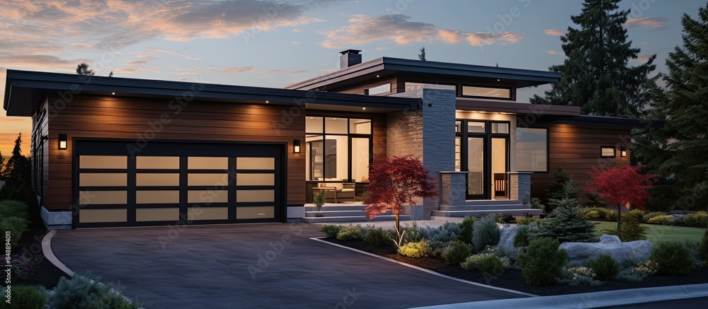 Fototapeta premium Contemporary house plan with a low slope roof brown siding and glass garage door in a new construction home exterior at sunset with Northwest USA backdrop in the copy space image