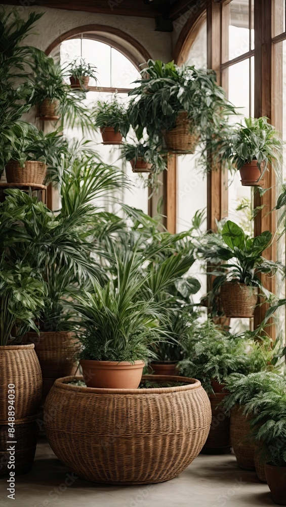 Interior of a green house, a winter garden in eco-style made of natural materials and many potted plants in wicker flowerpot. Interior of a green house, a winter garden in eco-style made of natural materials and many potted plants in wicker flowerpot.