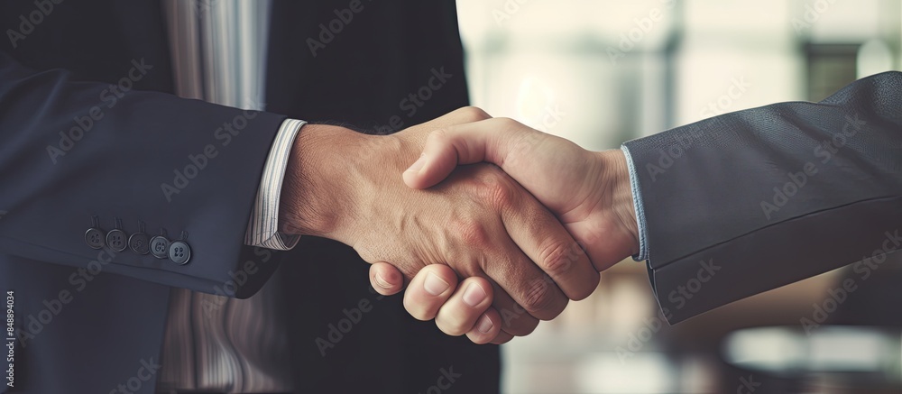 Close up image of a mature businessman shaking hands with a younger colleague in an office setting symbolizing a positive business partnership with copy space image Close up image of a mature businessman shaking hands with a younger colleague in an office setting symbolizing a positive business partnership with copy space image