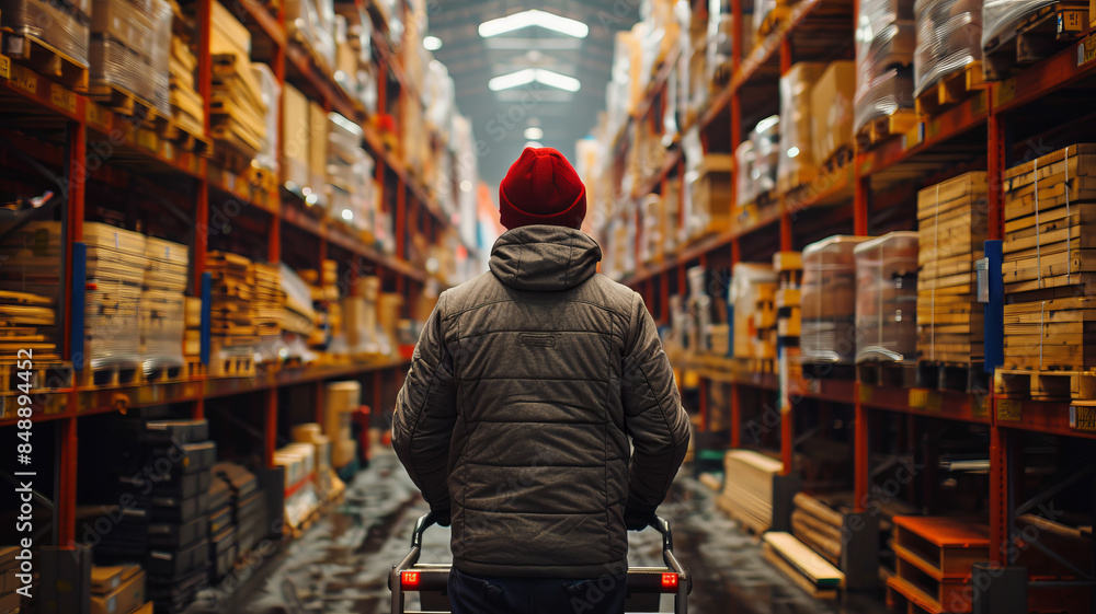 Happy warehouse worker navigating aisles of lumber with a handcart, showcasing efficiency and joy.generative ai Happy warehouse worker navigating aisles of lumber with a handcart, showcasing efficiency and joy.generative ai