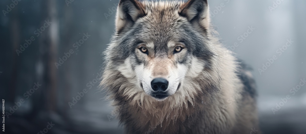 Wildlife conservation concept portrayed in a captivating image of a gray wolf with a mesmerizing gaze and copy space image included Wildlife conservation concept portrayed in a captivating image of a gray wolf with a mesmerizing gaze and copy space image included