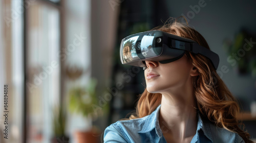 A woman wearing a virtual reality headset is looking at a plant © Sergei