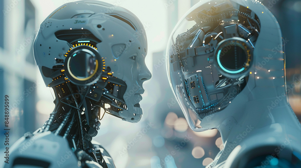 Fototapeta premium A robot with a human head showcasing AI Artificial Intelligence technology and a digital brain engin