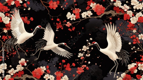 Pattern inspired by traditional Japanese kimono patterns, featuring cherry blossoms and cranes. 