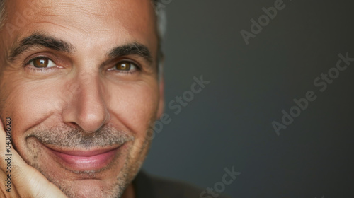 A close-up portrait of a middle-aged man with a gentle smile, exuding warmth and confidence against a plain background.