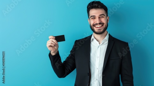 Handsome young business man wearing black suit smiling, showing, presenting credit card for online payment