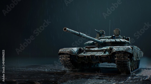 A tank stands poised in the rain, its silhouette stark against the dark sky