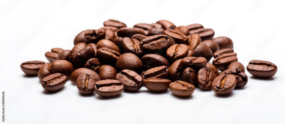 Close up view of coffee beans on a white background with copy space image Close up view of coffee beans on a white background with copy space image