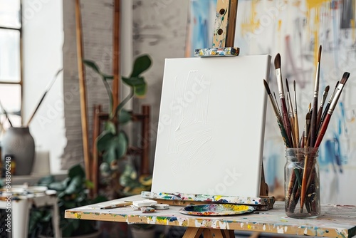 Free photo of Colorful abstract painted canvas in an art studio with Wooden Frame and Brush