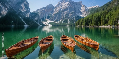 A picturesque alpine lake with boats, surrounded by mountains and forest, ideal for relaxation. photo