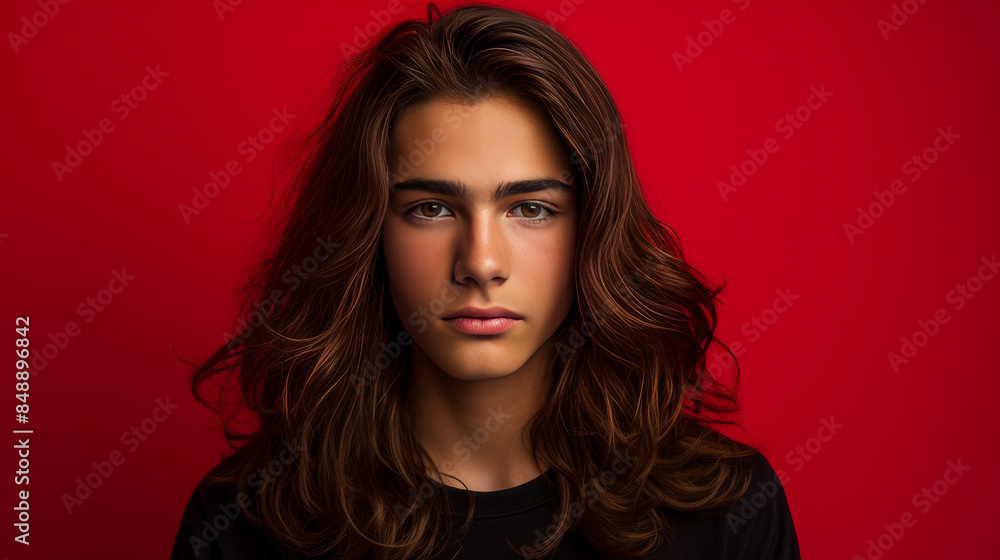 Fototapeta premium Happy cheerful young latino generation z. Smiling funny ethnic cool generation z teenage student with long hair, red background.