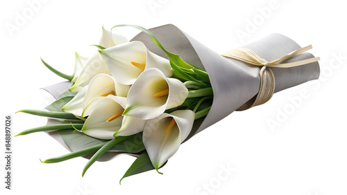 a bouquet of white calla lilies with green stems, elegantly wrapped in gray paper and secured with a golden-yellow ribbon