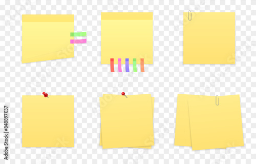 Vector set of yellow notes png. Paper notes with paper clip, pushpin, adhesive sticker png.