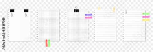 Vector set of notebook sheets png. Notebook sheets with a paper clip, push pin, adhesive sticker png.