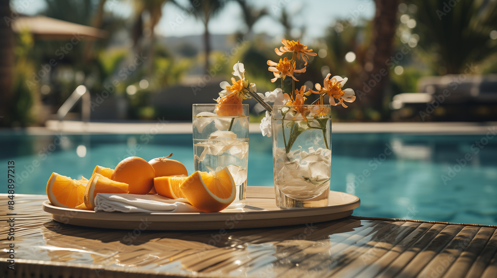 Fototapeta premium Enjoy a luxurious floating breakfast in a tropical resort's swimming pool. Delight in a healthy breakfast and fruit plate with a stunning ocean view, embodying tropical beach luxury lifestyle.