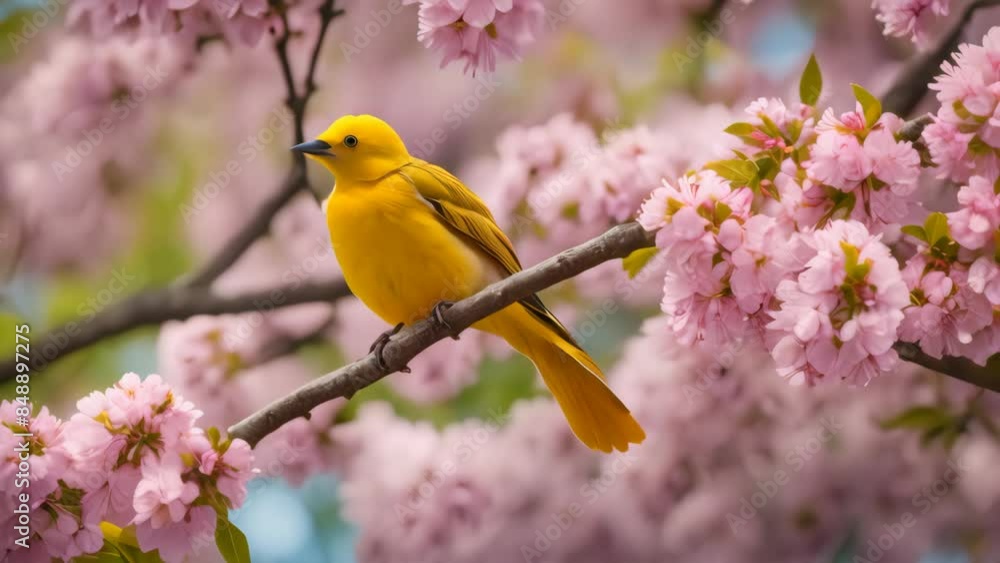 Yellow bird on cherry blossom background. Generative ai. Yellow bird on cherry blossom background. Generative ai.