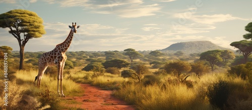 A lone giraffe strolls across the savannah surrounded by vegetation providing a picturesque scene with copy space image photo