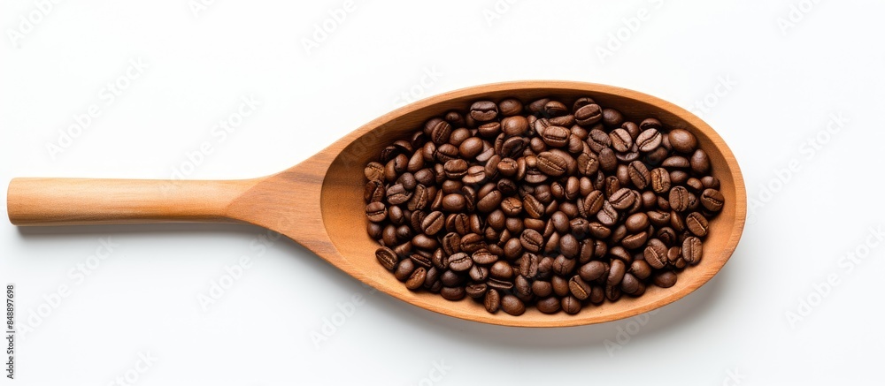 Fototapeta premium Top view image of coffee beans in a wooden scoop against a white backdrop with copy space image
